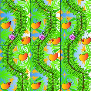 A graphic design piece with snails, ladybirds and beans on them surrounding brightly coloured foliage